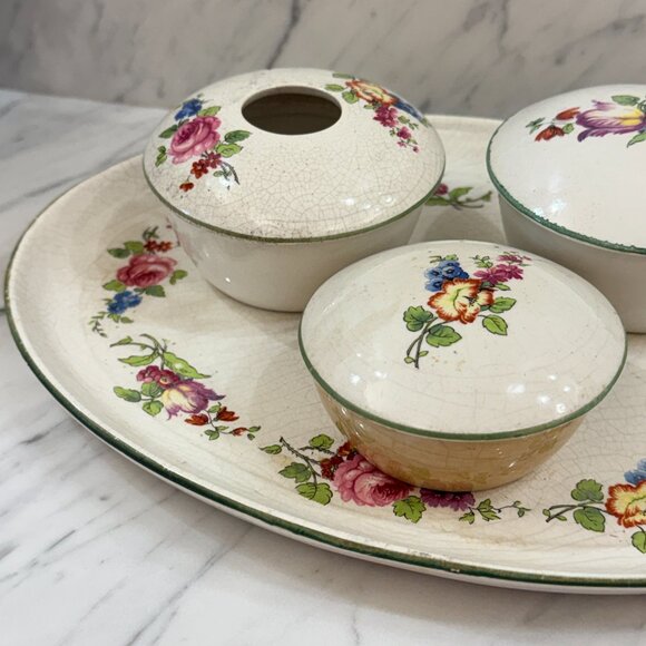 Antique English Earthenware Vanity Tray with Hair Receiver/Vanity bowl Set - Picture 14 of 17